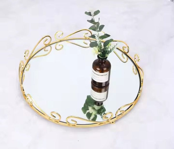 European Glass Mirror Ornate Decorative Flat Tray Gold Jewelry Tray Golden Vanity Tray Mirror