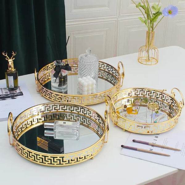 Glass Mirror Gold Luxury Tray Serving Metal Frame Jewelry Storage Display Tray