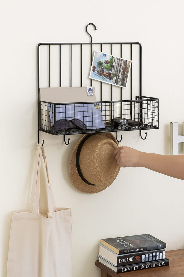 Metal Spice Rack with 5 Utensil Hooks, Standard, Black