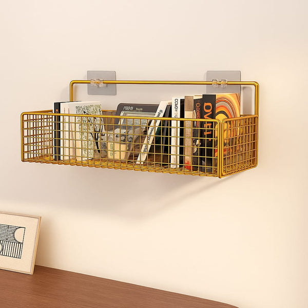 Gold Wall-Mounted Wire Basket – Storage Rack for Books, Magazines & More